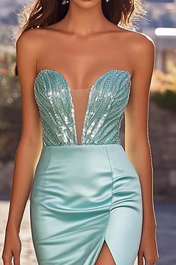 Mermaid Beaded Sweetheart Blue Prom Dress with Slit